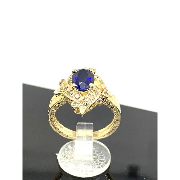 Blue Gemstone Diamond Cocktail Ring 14k Yellow Gold Estate Women's Size 7 - Picture 3 of 14